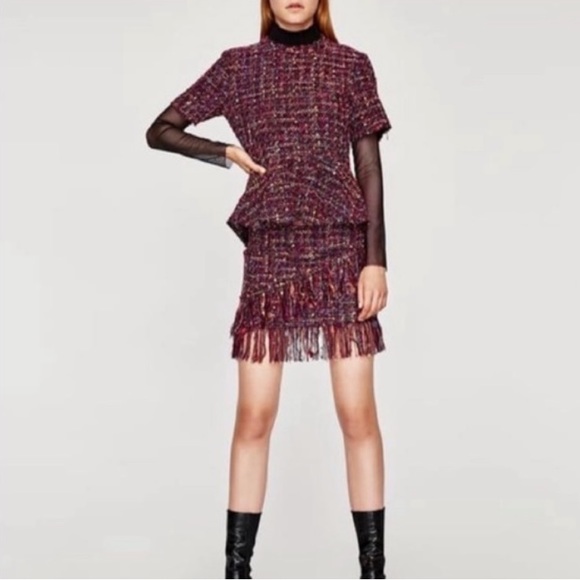 Zara multicolor raw hem tweed keyhole back peplum size M - Picture 1 of 16